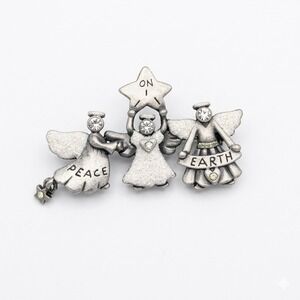 Vintage KC Pewter Angel Brooch Peace On Earth Glitter Rhinestone Christmas Pin
